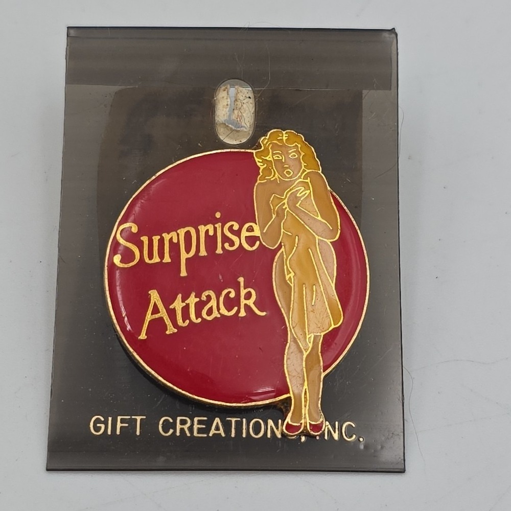 Vtg SURPRISE ATTACK Nose Art Lapel Hat Sexy Pin US Army Marines Navy Air Force